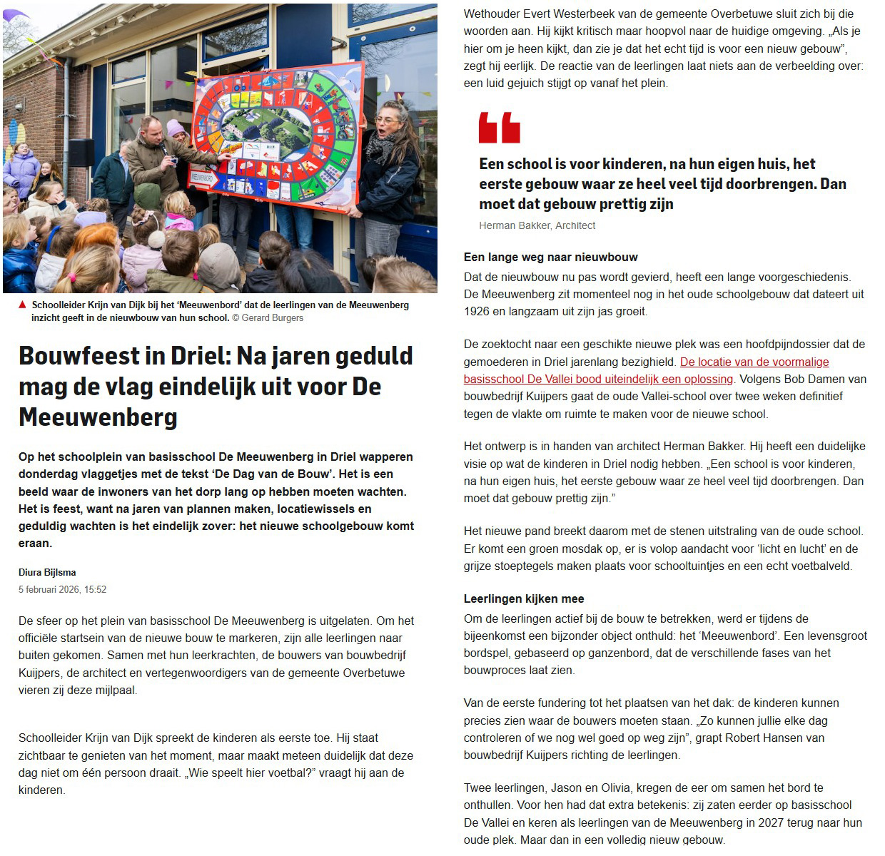 Artikel De Gelderlander over nieuwbouw De Meeuwenberg